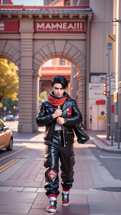 there is a man standing on a sidewalk with a cell phone, second life avatar, he‘s wearing a red scarf, full body black and red longcoat, in the style of sifu 🔥 😎 🕹️ 👀 :2, dressed with long fluent clothes, inspired by Josef Abel, inspired by Ismail Acar, re...