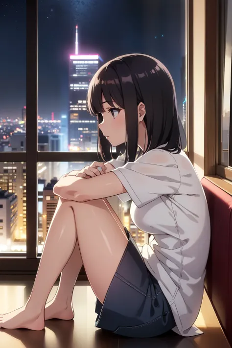 Top Quality, Masterpiece, 8k, (1 girl:1.3), beautiful girl, shot from side, full body, sitting by window, relaxed posture, knees bent, blurred, (looking outside), rough clothes, (white simple shirt,), medium hair, (silky hair), night city view from window,...