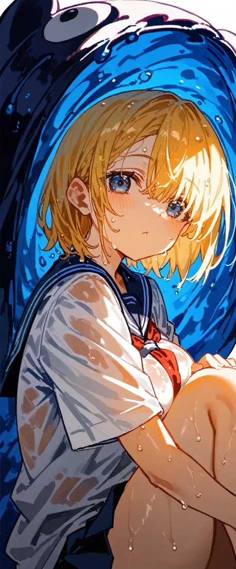 (((White background)))(High resolutionの傑作, 超High resolution, high detail, High resolutionモデル, Best Quality:1.2), Young girl,White skin,Oily, Sweaty skin, Blonde Bangs, Highlight color hairstyle,Inner Color, Behind the ear,Large Breasts, blue eyes, Wet Hair...