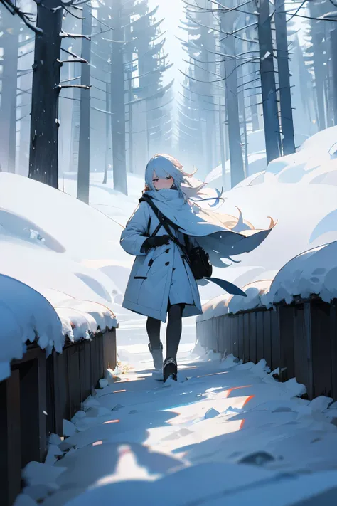 White-haired girl walking through snow