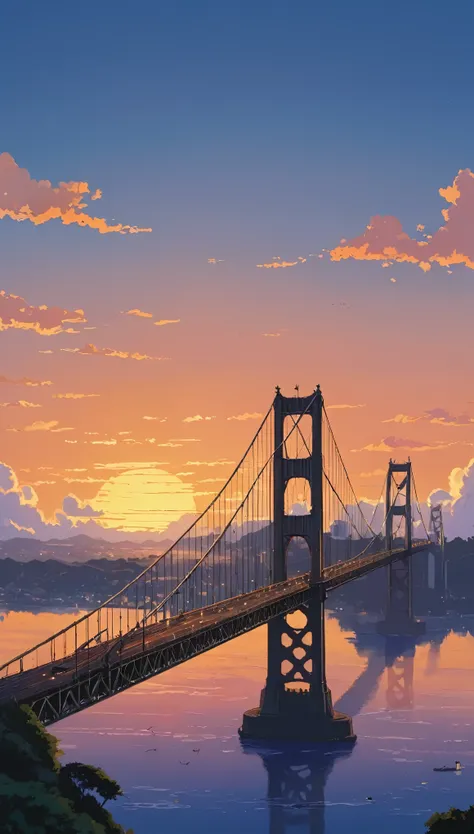 (Minimalism:1.4), Draw a simple Ghibli style art ,San Francisco bridge micro detail!!  amazing view anime-realistic colors sunset Ghibli microdetail sky clouds       !!!!studio ghibli, miyazaki, , Makoto Shinkai!!, anime movie background best quality best ...