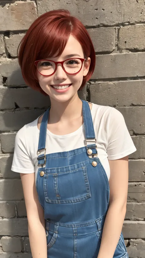 1 girl, short red hair, glasses, freckles, overalls,  smiling,  