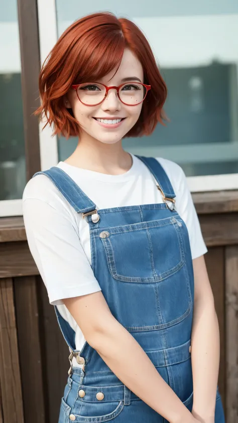 1 girl, short red hair, glasses, freckles, overalls,  smiling,  