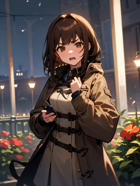 {best quality}、night、garden、standing、Brown Hair、medium hair,age20、girl、Beautiful breasts、((duffel coat))、open mouth、Holding a smartphone in front of your chest、Frowning、A little anger、cowboy shot、High angle