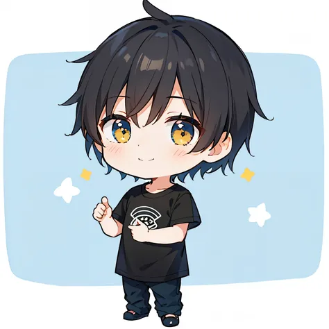 1 adult male，Short Hair, Short Hair,Black Hair, Chibi, No background, yellowＴshirt, whole body, One person, Chibi style, Short hair, Introducing with a smile,