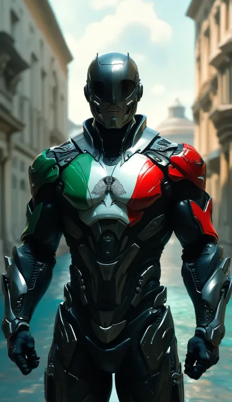 Create an ultra-realistic superhero inspired by Marvel characters, blending modern tactical armor with elements of Italian culture and mythology. The male superhero should wear advanced, sleek armor featuring the colors of the Italian flag—green, white, an...