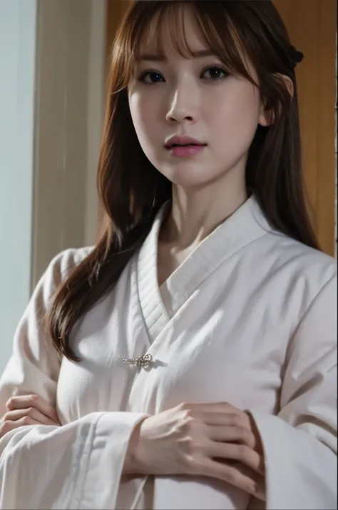 A woman standing with her arms crossed、There is a man standing behind it, iu Lee Ji Eun as a super villain, song hye kyo, korean artist, Jung Sang Soo, 8K movie still, korean woman, movie highlight scenes, high drama, Choi Hong Hwa, Korean female actress,