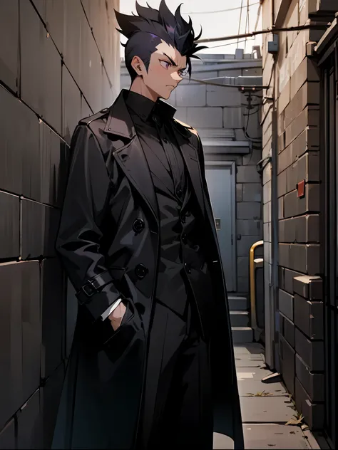 1male , Black Mohawk , Black Hair , Faded Cut Hair , Wavy Mohawk , Serious Expression , Black Trenchcoat , Purple Eyes , Standing in a dark alley , Perfect Generation