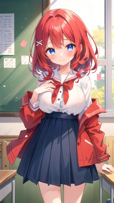 (1girl:1.5), ((((little female child)))) ,Big breasts, (red hair:1.3), blue eyes, droopy eyes, (red jacket:1.3), long sleeves, navy skirt, elementary school student, (super big breasts:1.3), (medium hair: 1), baggy clothes, elementary school student, young...