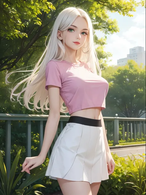 ((masterpiece)), ((Best quality)), beautiful woman, white hair, long layered hair, (pastel colors), (detailed face), green eyes, red lips, smiling, pink t-shirt with black lines, tight t-shirt, bare midriff, (perfect body), medium breasts, slim waist, whit...