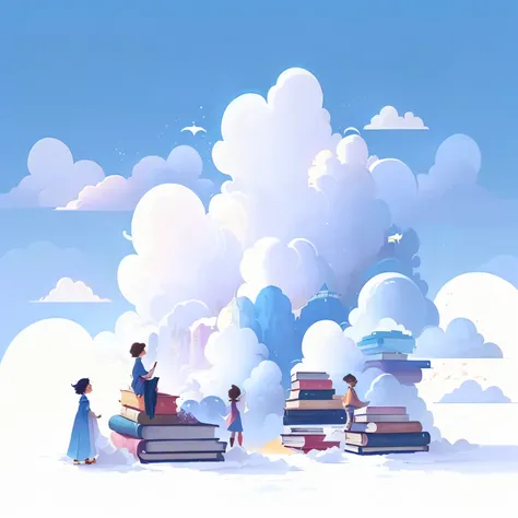 a group of people standing on a pile of books, colorful childrens book illustration, detailed book illustrations, flat illustration, illustration by jeonseok lee, storybook illustration, full page illustration, library background, people lying on clouds in...