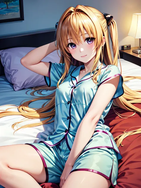 (masterpiece、Best Quality、detailed)、1girl、solo、(Anime illustration style:1.3),indoor、Looking at the audience、Ayami、Long Hair、Hair accessories、Closed Mouth、smile、Long Hair、Attractive eyes、Attractive eyes、Lying down to sleep、(Sleepy face in bed).Half asleep、...