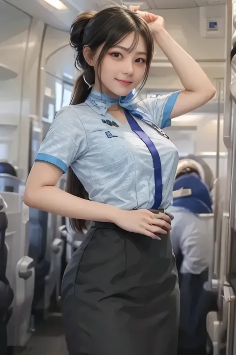 (masterpiece:1.2, Best Quality:1.2), 32K HDR, High resolution, (Alone、1 girl)、（on board、Professional Lighting）、In-flight background、（ANA flight attendant uniform blueを着たリアルスタイル）、（（ANA flight attendant uniform blue short sleeve blouse 、 ANA flight attendant...