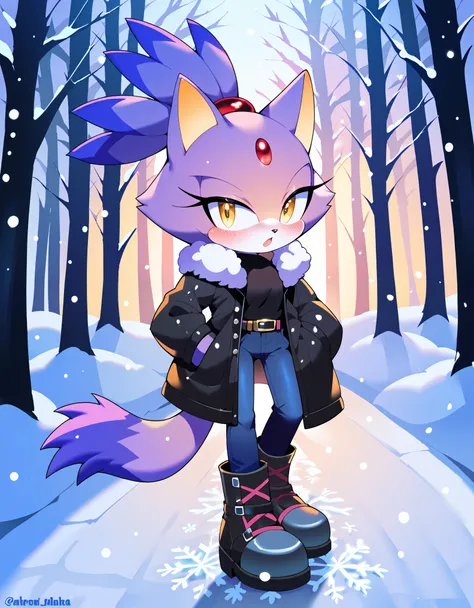 score_9, score_8_up, score_7_up, Akami Mira, ((Masterpiece)), high quality, studio quality, 1girl, Blaze the cat, yellow eyes, black jeans, boots, looking at viewer, hands in pockets, belt, :3, blush, fur-trimmed coat, forest, snowing, snowflakes, walking