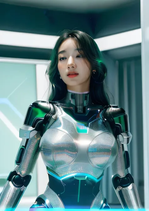 (masterpiece, high resolution, CGI:1.4), (depicting a captivating woman with vibrant green black hair and mesmerizing eyes that shimmer in a captivating blend of green and blue:1.3), (her eyes glowing with an otherworldly light:1.2), (metallic and robotic ...