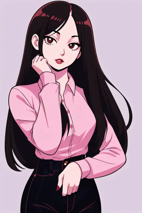 hotify,parted lips,pale skin,tight long sleeve shirt,pink shirt,check copyright,ooyari ashito,1girl,long hair,black jeans,red-lipstick female,black hair,non-web source,brown eyes,simple background,looking at viewer,solo,expressionless