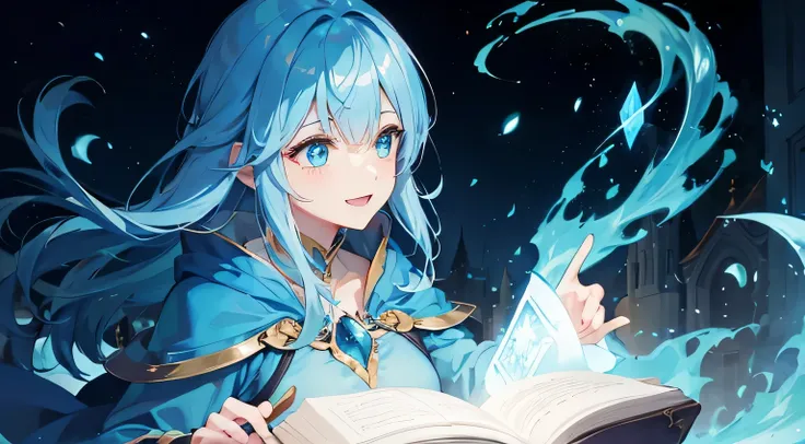 The Sorcerers Woman chanting The Blue Shining Spell Book 　The Sorcerer Woman Singing　Smiling woman　The left hand holds a book