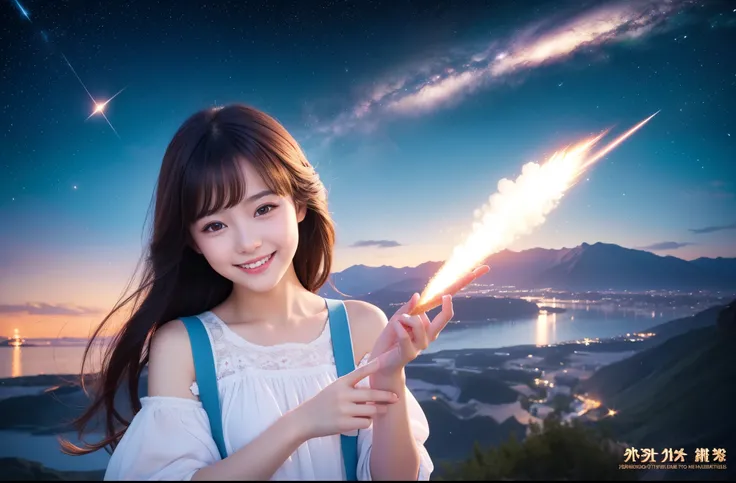 Best Quality　masterpiece　detailed　A super cute girl is smiling and putting her hands together to worship a shooting star　Photo style　Fantasy　Fantasy