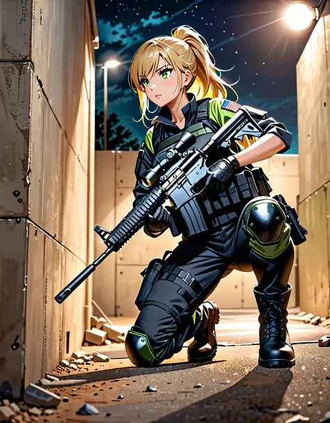 Masterpiece, best quality, high res, 8k, solo, solo focus, Italian female supermodel, blonde hair, long hair, ponytail hair, lime green eyes, beautiful detailed eyes, black tactical gear, black uniform, black pants, matching combat boots, knee pads, tactic...