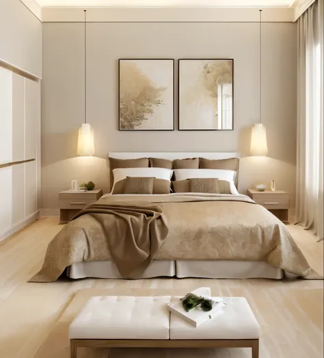 bedroom с джафами с кроватью и большим ковром на полу, bedroom, in the bedroom,  quiet bedroom environment , modern earthy neutr...