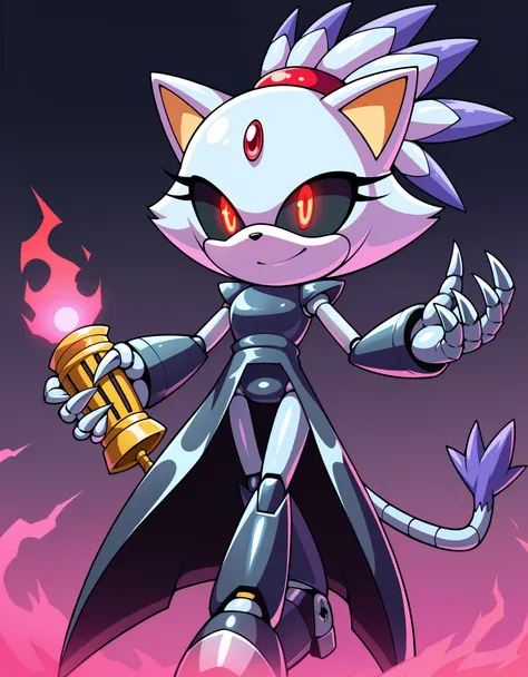 score_9, score_8_up, score_7_up, blaze the cat from sonic the hedgehog, glowing red eyes, wispy hair, pillars of smoke, made out of smoke, ghost-like, demonic appearance, holding a small teal glowing metal square in her hand, smiling evilly, malicious look...