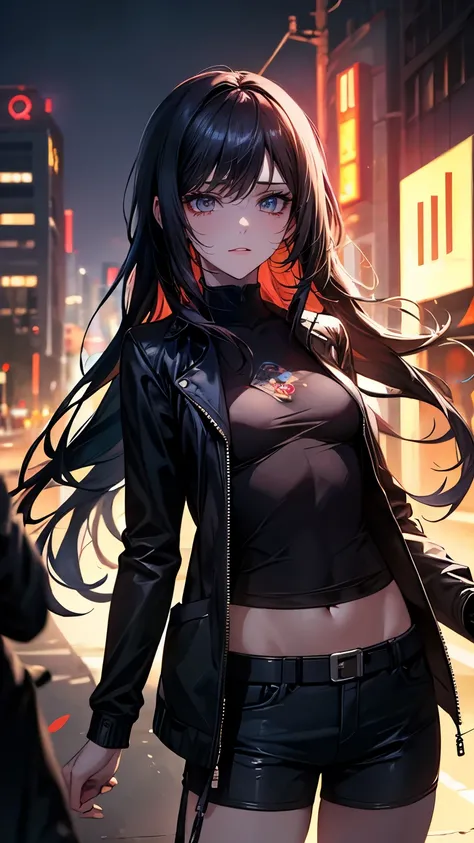 Beautiful girl small breasts, Worn casual jacket, Long Hair, Mechanical arm in cyberpunk night scene,  cyberpunk dark background　Hot pants　Beam from Machine Arm 　splashing currents 　 Stylish Action　Angry expression　dark night ruins background 