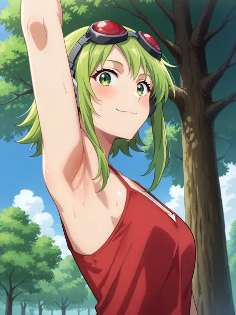 score_9, score_8_up, score_7_up, source_anime, anime screencap, outdoors, day, park, gumi, green eyes, green hair, medium hair, ...