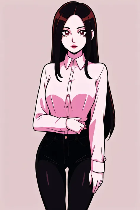 hotify,parted lips,pale skin,tight long sleeve shirt,pink shirt,check copyright,ooyari ashito,1girl,long hair,black jeans,red-lipstick female,black hair,non-web source,brown eyes,simple background,looking at viewer,solo,expressionless