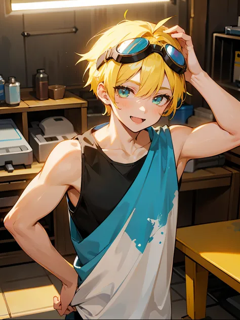 1male , Young Male , Yellow Hair , Yellow Undercut Hair , Blue Parted Hair , Spiky Blue Bangs , Multicolor Hair , Happy Expression , White Tank-top with oil stains , Goggles On Head , Standing in a workshop , Perfect Quality