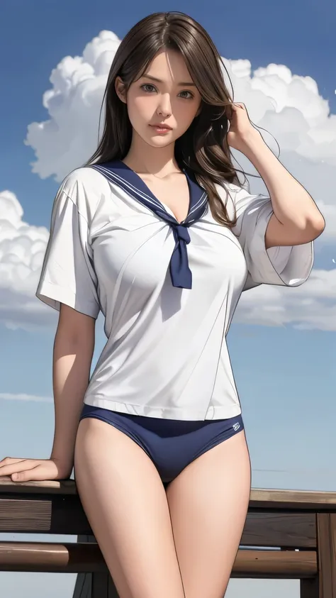 {3 | 2} A beautiful college student holding a Japanese sword in the schoolyard, Cumulonimbus clouds floating in the summer sky, (Navy blue speedo swim briefs:1.2), (Wearing a white sailor shirt:1.3), school bag, (whole body:1.5), Very slim, Thin thighs, sh...