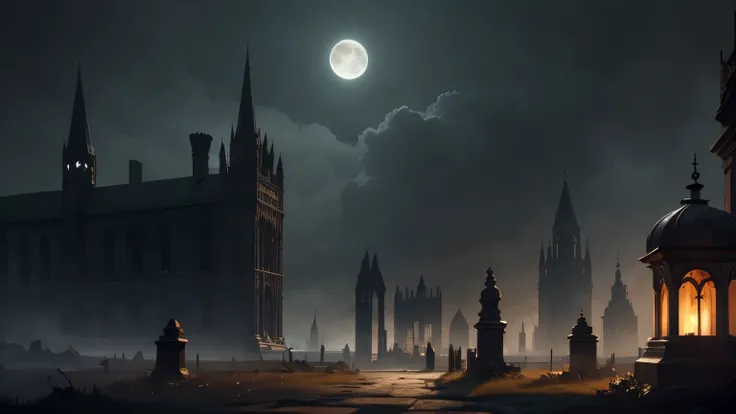 A mystical scene of old United Kingdom, with a foreboding, dark atmosphere ruins bathed in ethereal moonlight. Crumbling stone pillars and weathered archways stand amidst overgrown foliage, partially wrapped in moss and vines. A man is walk on the street a...