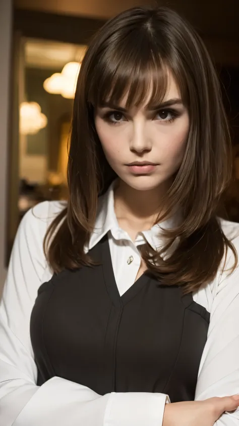 a beautiful woman with short brown bob with bangs, medium breasts, wearing white collared blouse with long sleeves, half body portrait, crossed arms, annoyed expression, one raised eyebrow