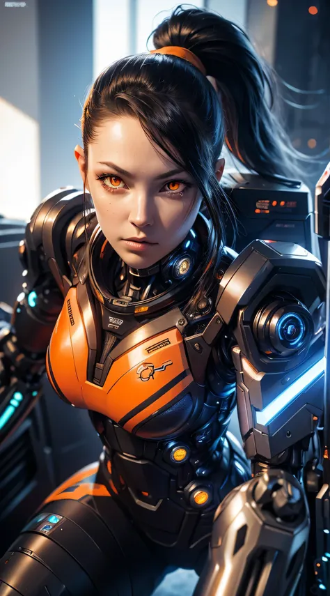 cyberpunk, female cyborg, Special ability, uniform, Mechanical Enhancement, Beleza, black hair, Japan, knee up, beautiful face, Fine body, ponytail, mechanical eyes, ((orange eyes: 1.2)), bright eyes, Prosthetic Arms, prosthetic legs