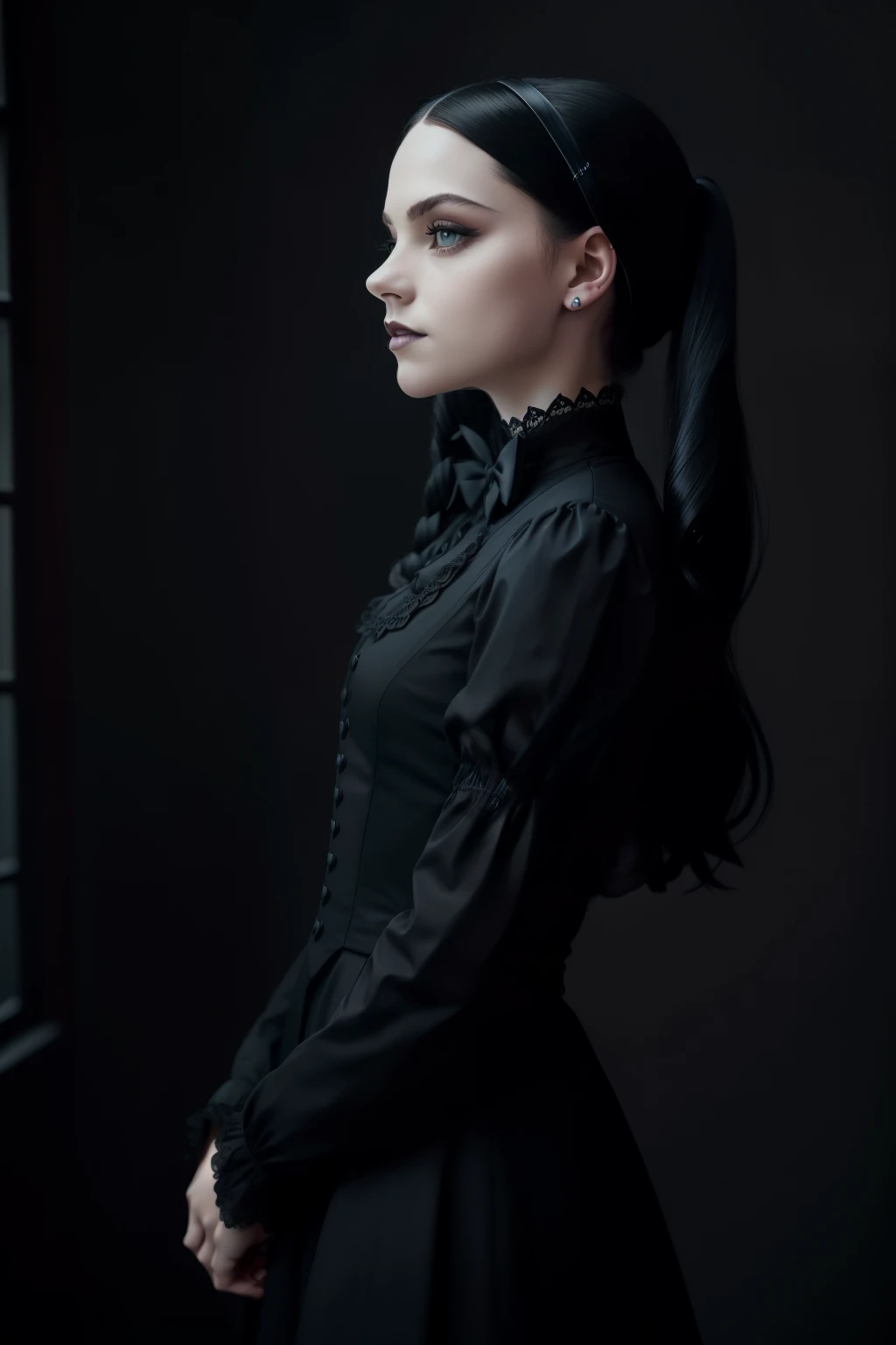 intriguing profile picture, (enigmatic:1.2) wednesday addams captivating the camera for a dating site, (dark:1.1) aura, (mischie...