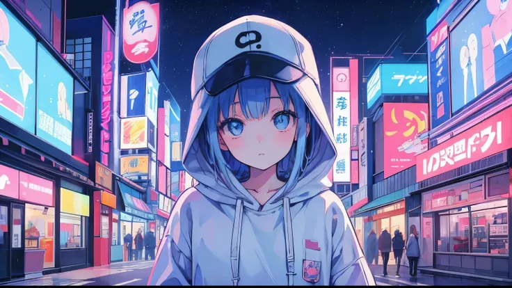 city pop album jacket、girl、Clear eyes、Wearing a hoodie、Wearing a hat、Night View of a Japanese Factory Street 、animeのワンシーン、有名なanimeのキャラクター、anime、anime映画のポスター