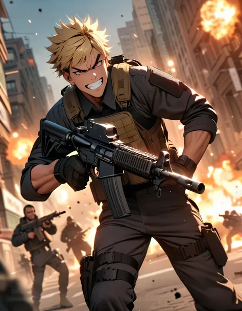 Masterpiece, best quality, 8k, mercenary, male, male focus, muscular, blonde hair, dark brown eyes, spiky hair, swept bangs, short hair, maniacal laugh, v-shaped eyebrow, evil smile, clenched teeth, tactical gear, (hand grenades on hip:1, 2), drop-down pis...