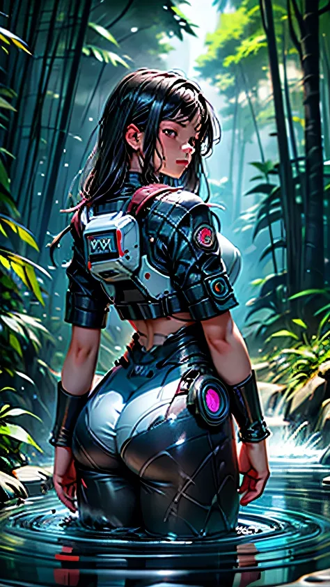 maozonia indigenous girl, 18 years old, bathing in a river, in the middle of the forest, a jaguar watching from afar, sad, Clockpunk, Gamercore, street level view, Blender rendering, 100mm, Sculpture, iridescent colors, Medicalcore, strobe lighting, ultra ...