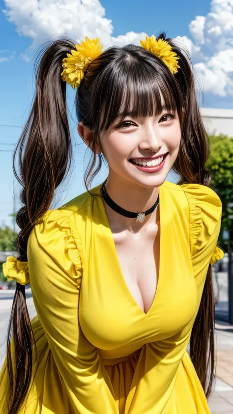 (realistic, photo-realistic:1.2), (masterpiece, best quality), high resolution, intricate details, extremely detailed, sharp focus, professional lighting, full body, solo, 1girl, a Japanese female idol, (yellow clothes, idol costume), (face focus, standing...