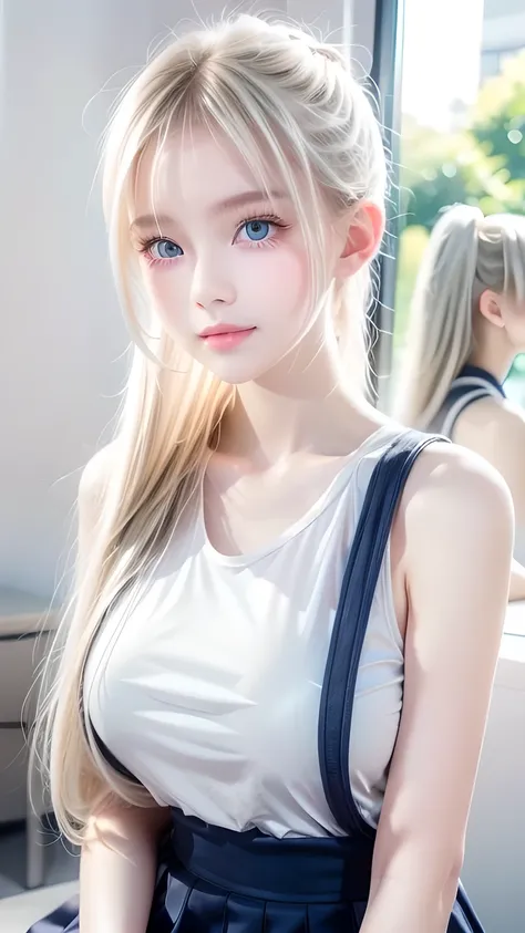 portrait、school uniform、bright expression、ponytail、young shiny glossy white glossy skin、the best baby face looks、blonde reflecti...