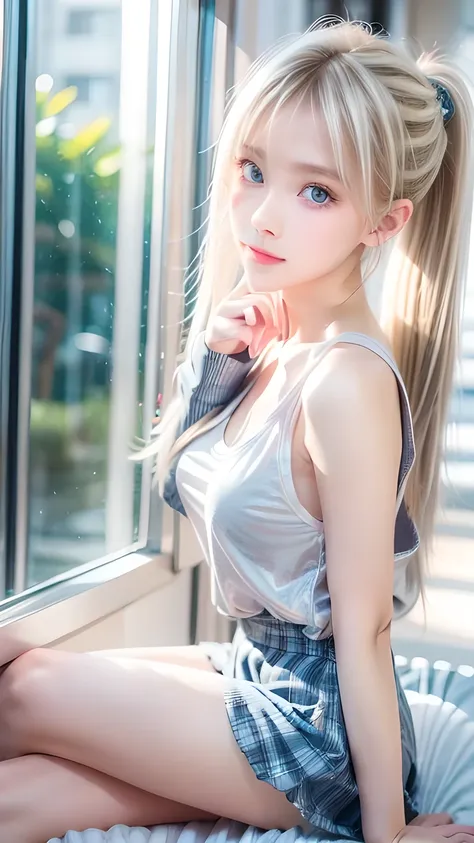 portrait、school uniform、bright expression、ponytail、young shiny glossy white glossy skin、the best baby face looks、blonde reflecti...