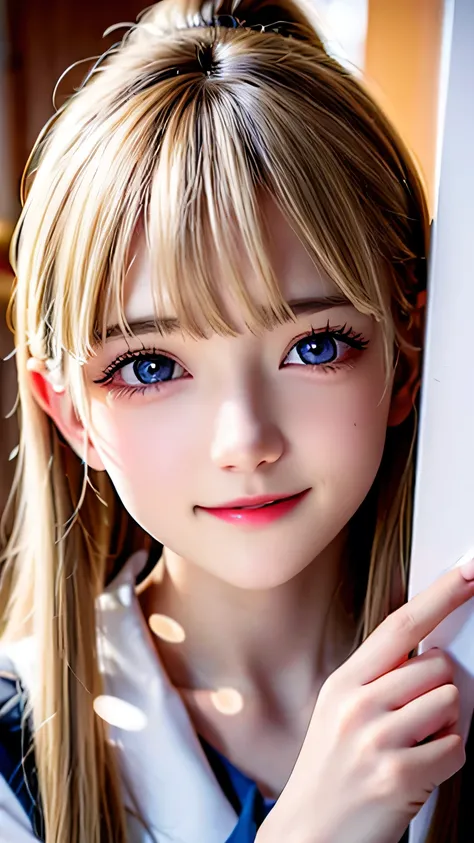 Portrait、School uniform、Bright expression、ponytail、Young shiny glossy white glossy skin、The best baby face looks、Blonde reflection、Platinum blonde hair with highlights、Shiny bright hair,、Smooth, super long, straight hair、Shiny, beautiful bangs、Sparkling, c...