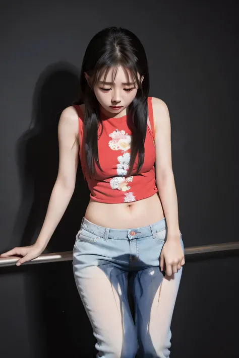 Chinese Girl，Tears，I peed my pants 。Wearing only underwear、Underwear。solid color background。