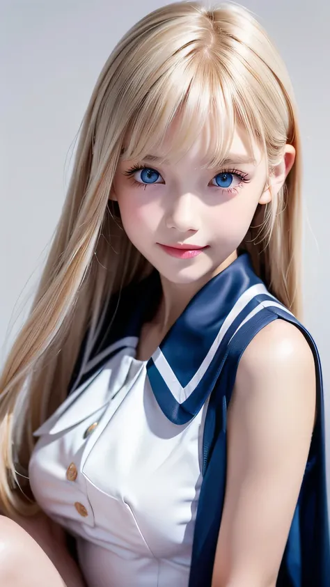 portrait、school uniform、bright expression、ponytail、young shiny glossy white glossy skin、the best baby face looks、blonde reflecti...