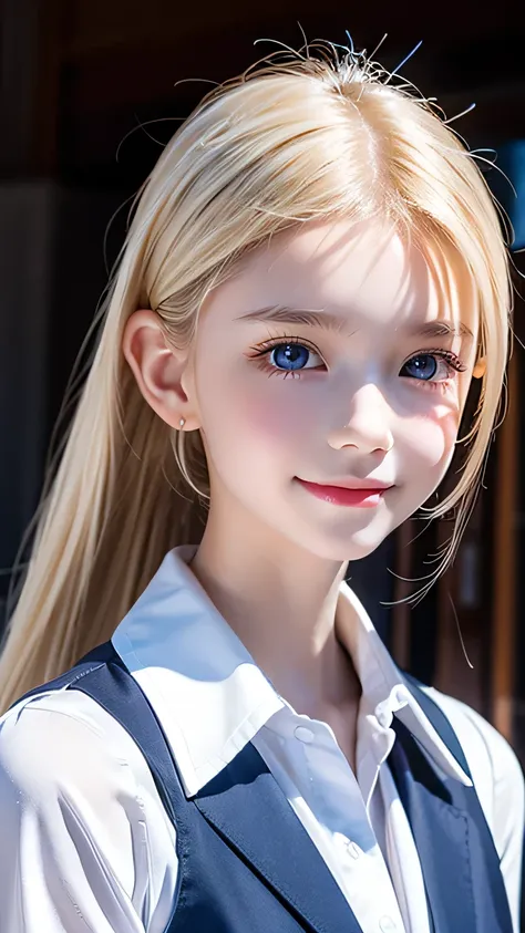 portrait、school uniform、bright expression、ponytail、young shiny glossy white glossy skin、the best baby face looks、blonde reflecti...