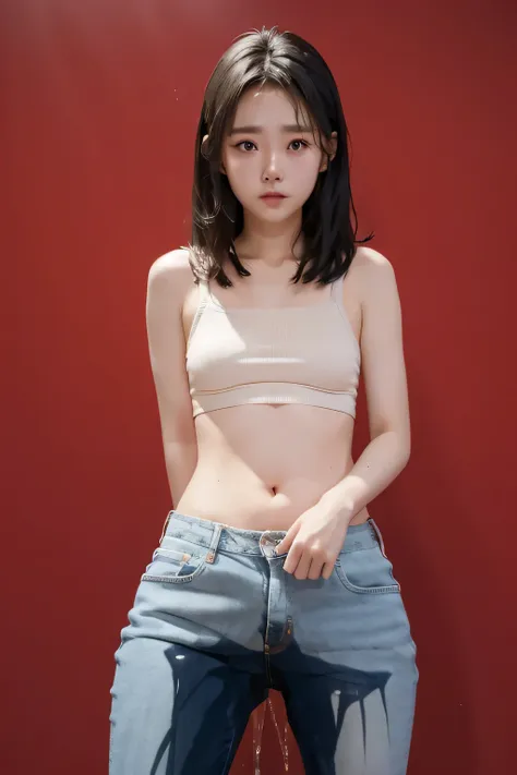 chinese girl，tears，i peed my pants 。wearing only underwear、underwear。solid color background。