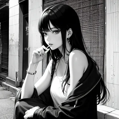 masterpiece, Best Quality, Pixiv, Cool girl,  lots of earrings, Earrings, Long black hair, (fair skin tone ), Gal, bad, Smoking a cigarette, Black and White, monotone, Monochrome