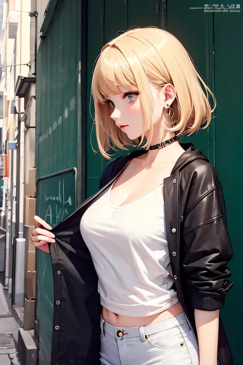 masterpiece, Best Quality, Pixiv, Cool girl,  lots of earrings, Earrings, Blonde, (fair skin tone ), Gal