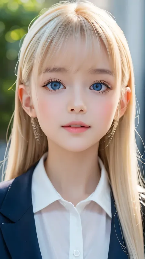 Portrait、School uniform、Bright expression、ponytail、Young shiny glossy white glossy skin、The best baby face looks、Blonde reflection、Platinum blonde hair with highlights、Shiny bright hair,、Super long, smooth, straight, silky hair、Shiny, beautiful bangs、Spark...