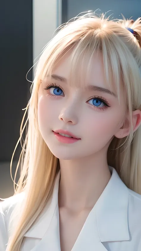 Portrait、School uniform、Bright expression、ponytail、Young shiny glossy white glossy skin、The best baby face looks、Blonde reflection、Platinum blonde hair with highlights、Shiny bright hair,、Super long, smooth, straight, silky hair、Shiny, beautiful bangs、Spark...