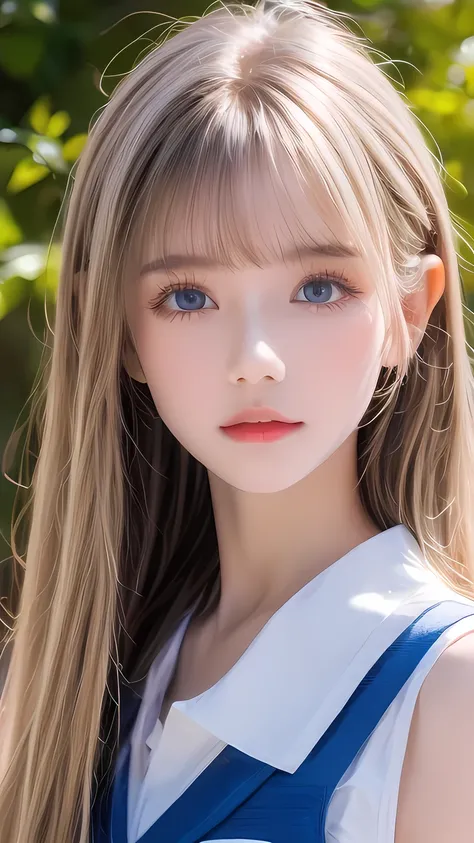 Portrait、School uniform、Bright expression、ponytail、Young shiny glossy white glossy skin、The best baby face looks、Blonde reflection、Platinum blonde hair with highlights、Shiny bright hair,、Super long, smooth, straight, silky hair、Shiny, beautiful bangs、Spark...